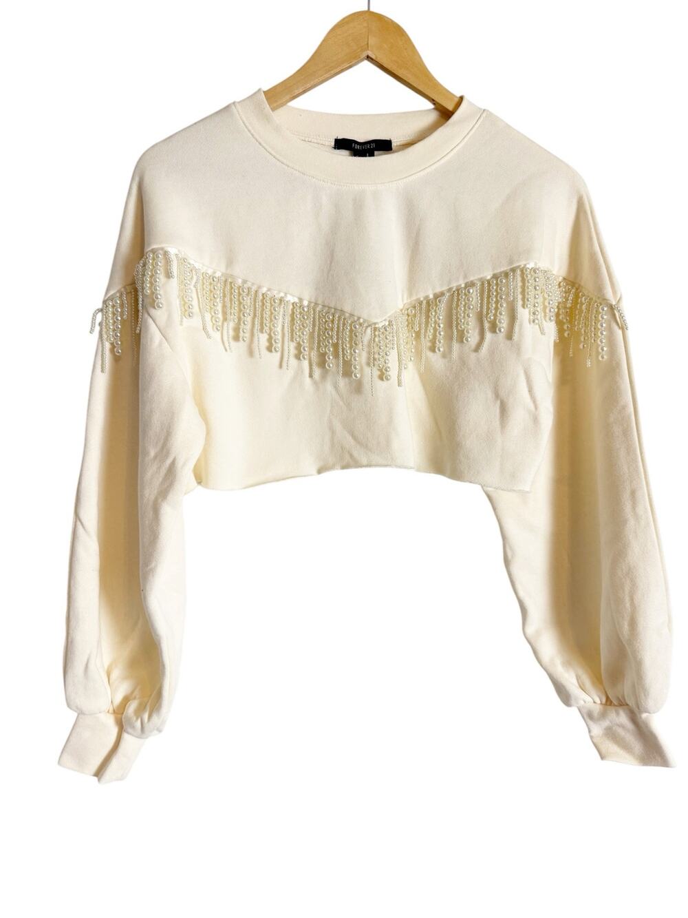 Forever 21 Cream Beaded Fringe Western Cropped Crewneck Sweatshirt Size Small